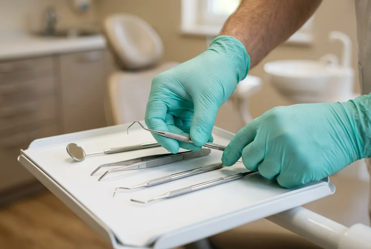 Sterile dental instruments arranged on a clean clinical tray